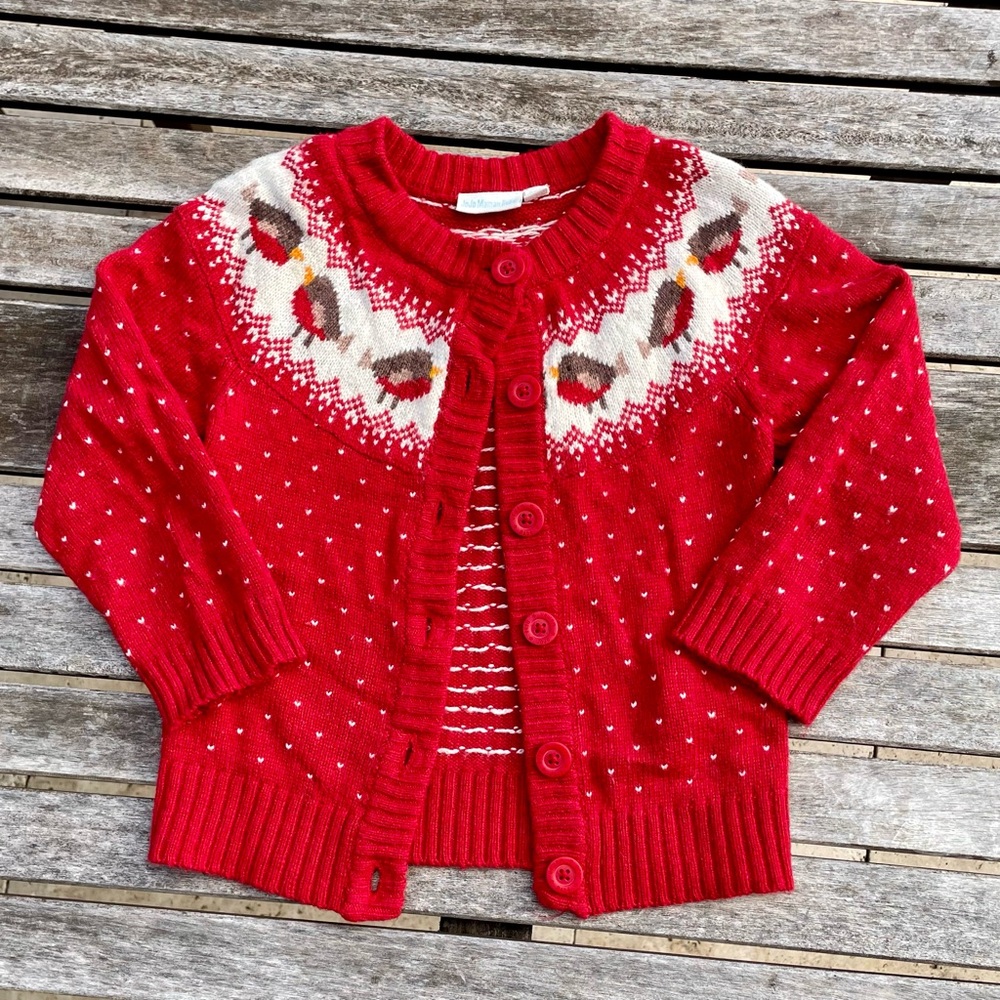 3-4 JoJo Maman Bébé Cashmere Blend Red Robin Christmas Holiday Winter Cardigan